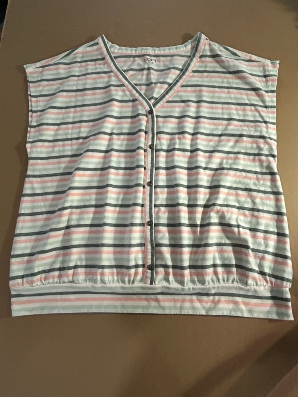 LOFT Sleeveless Striped Button-Front Tank in White, Pink & Gray